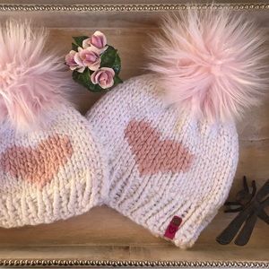 HANDMADE PINK HEART BEANIES-Mommy & Me Set of 2 beanies